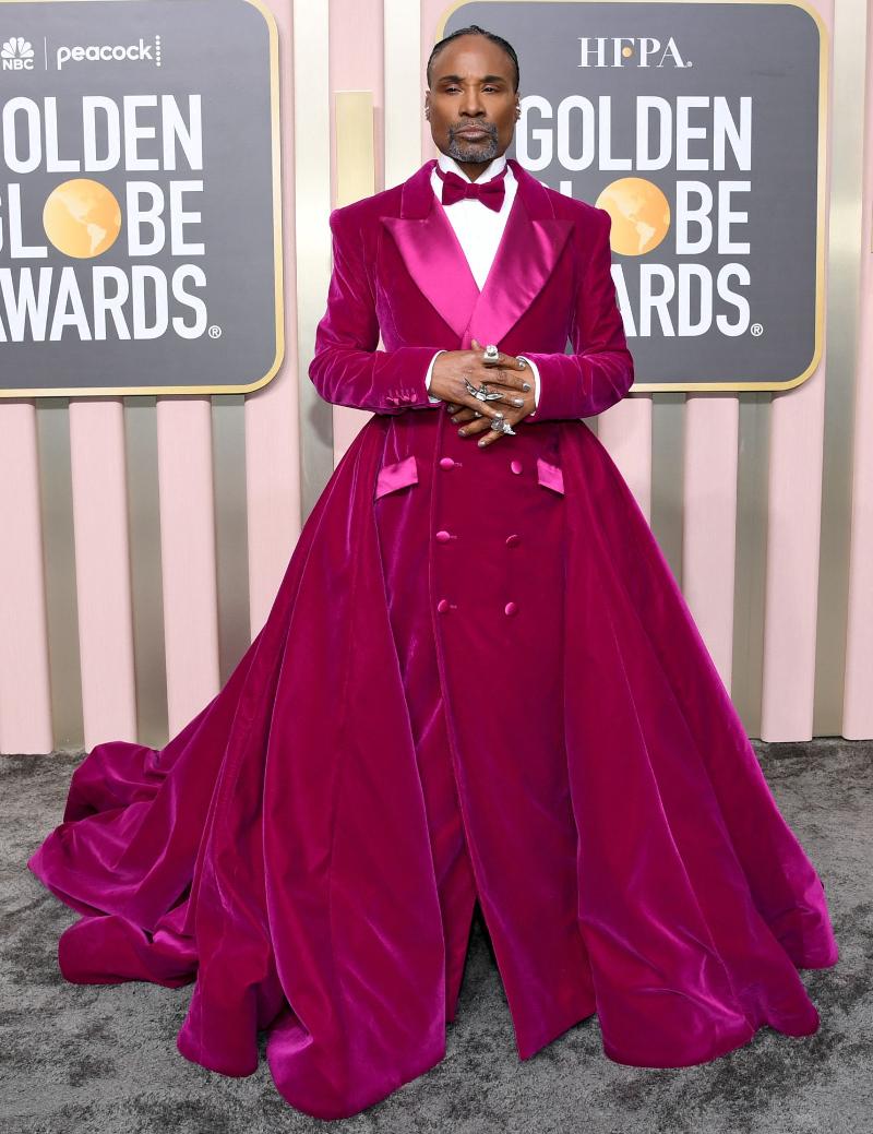 Billy Porter: The boss of red carpet looks who steals the thunder with his dramatic ensembles, looked resplendent in his magenta tuxedo gown. The actor who owned the Golden Globes red carpet in Christain Siriano's creation, literally put his best fashion foot forward as he arrived wearing sparkling silver platform shoes.